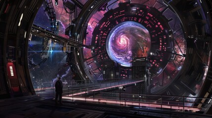 Wall Mural - Futuristic space station interior with a view of a swirling galaxy through a large window.