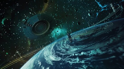 Futuristic space station orbits a vibrant planet with a starry backdrop.