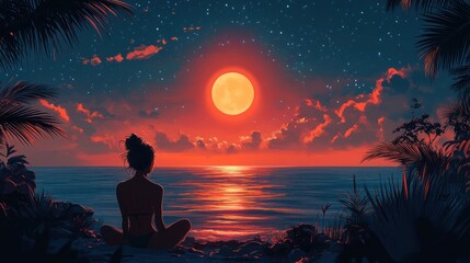 Canvas Print - A woman is sitting on a rock by the ocean, looking at the moon