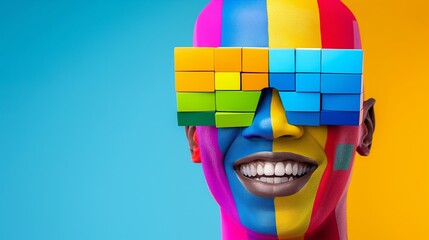 Sticker - A man with a colorful face and sunglasses on. The sunglasses are made of blocks and the man is smiling. a bright colourful abstract image of a smiling happy person with their eyes obscured by video