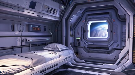 Poster - Futuristic spaceship cabin interior with a bed and a window view of Earth.