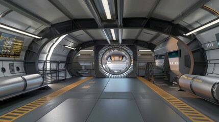 futuristic spaceship corridor with circular door.