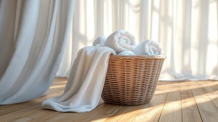 Wall Mural - A basket full of white towels sits on a wooden floor