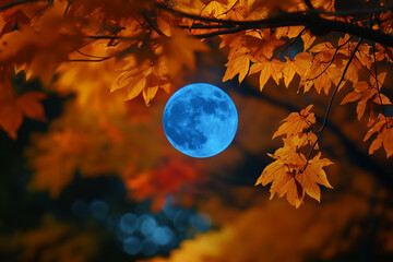 Sticker - Blue Moon Peeking Through Autumn Leaves