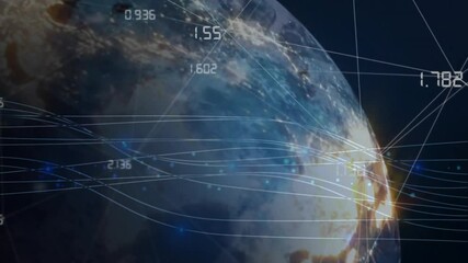 Poster - Global data transmission animation over Earth with numerical data and lines