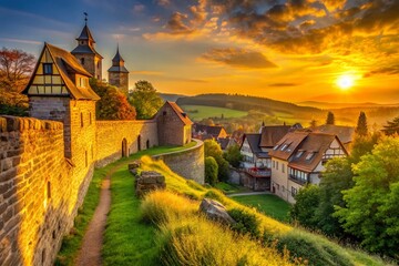 medieval stone walls warm golden light german countryside