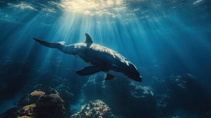 Wall Mural - Dolphin Swimming Through Sunbeams