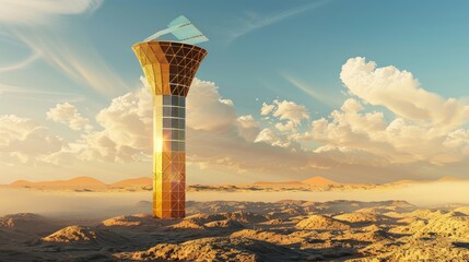 Canvas Print - Futuristic tower with solar panels in a desert landscape.