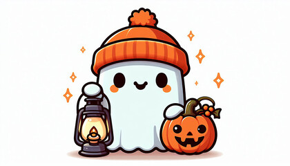 Wall Mural - charming ghost in an orange hat with a lamp in Halloween style