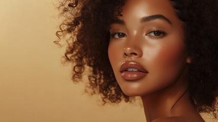 Poster - Beauty portrait of african american woman with clean healthy skin on beige background. Smiling dreamy beautiful afro girl. Curly black hair