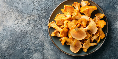 Wall Mural - Chanterelle mushrooms placed in a small pile on a serving platter