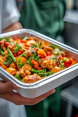 Closeup of a delicious chicken stir-fry in a foil container.