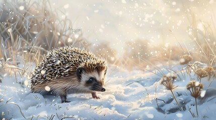 Wall Mural - A hedgehog amongst snow covered fields