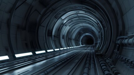 Canvas Print - Futuristic tunnel with glowing lights leading to a dark opening.