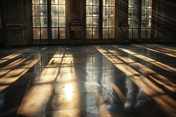 Aufkleber - Sunlight streaming through tall windows in a building, illuminating the interior space, Sunlight streaming through tall windows, casting shadows across the polished floor