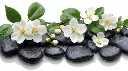 daisy with pebble stones and green leaves, spa and wellness concept
