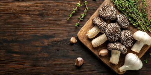 Wall Mural - Whole morels displayed beside garlic cloves and thyme on a wooden board