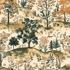 Vintage tapestry pastoral scene pattern on vintage beige fabric background, seamless repeating pattern, textile print style, minimal, tapestry design, seamless pastoral scene pattern, home decor