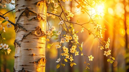 Wall Mural - Warm golden light filters through the branches of a majestic birch tree, highlighting the delicate bisque-colored petals of a nearby blooming flower, a realistic photo image.