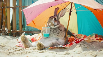 Poster - A human clothed rabbit lounges on the sand beneath a brightly colored umbrella while sipping from a glass through a straw