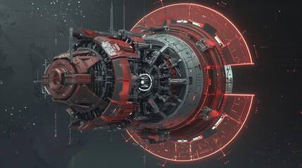 Sticker - Futuristic, detailed red and gray space station with glowing red lights and intricate design.