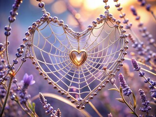 Wall Mural - intricate web of love woven from delicate threads of silver and rose gold against a soft-focus lavender mist