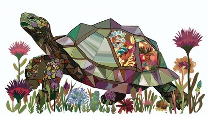 Canvas Print - Geometric tortoise in a colorful floral garden.