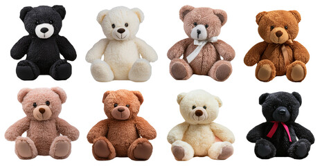 Teddy bears in various colors isolated on transparent background