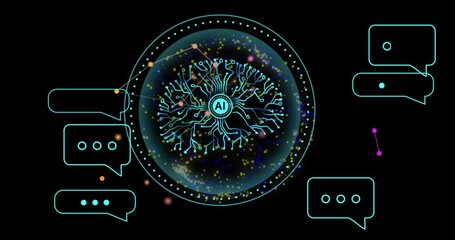 Poster - AI neural network and chat bubbles animation over black background with colorful particles