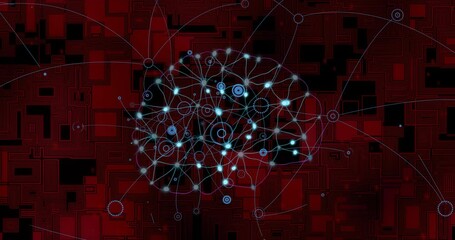 Poster - Neural network connections and data processing animation over red geometric background