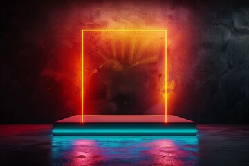 Wall Mural - Abstract neon podium with sharp edges, glowing in a dark room, sleek and bold presentation, 3D render