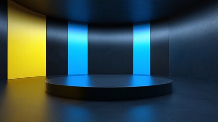 Poster - A black and yellow room with blue walls and a blue and yellow floor. The room is empty and has a modern feel to it. a dark 3d round empty room with black yellow and blue gradients