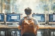 © ST22Studio - A young person with backpack sits in front of multiple computer screens, immersed in digital environment. watercolor illustration captures moment of focus and creativity.