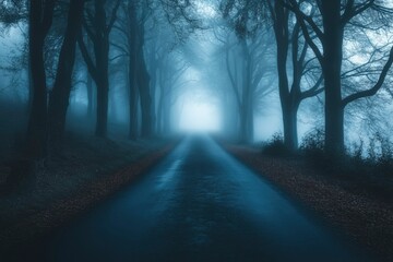 Poster - Foggy Road Through a Forest of Tall Trees