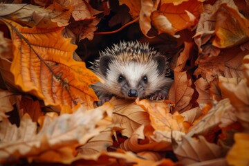 Wall Mural - A hedgehog comfortably settled in a mound of autumn leaves, Sweet hedgehog curled up in a bed of fallen leaves