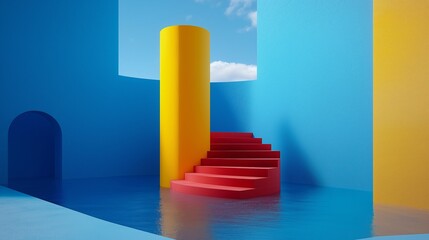 Poster - A blue and yellow room with a red spiral staircase. A minimalist graphic design featuring sleek lines and bold colors