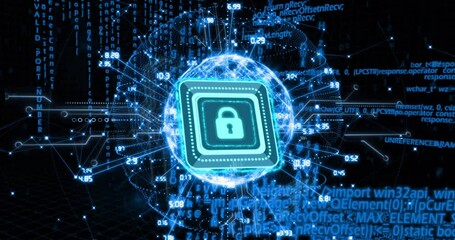 Poster - Cybersecurity lock icon with data processing animation over digital code background
