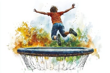 Wall Mural - Jumping boy on trampoline in vibrant watercolor painting, capturing joy of play and freedom.