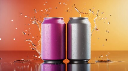 Two beverage cans, one purple and one silver, with water droplets splashing around them against an orange background, possibly representing a refreshing drink concept.