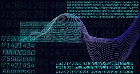 Flowing data waves and binary coding animation over dark background with numbers