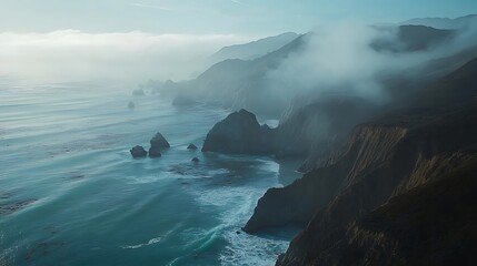 A dramatic cliffside view with expansive ocean vistas, rugged rock formations, and crashing waves below 