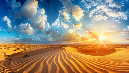 Wall Mural - Sunset Over Rippling Sand Dunes in a Vast Desert Landscape