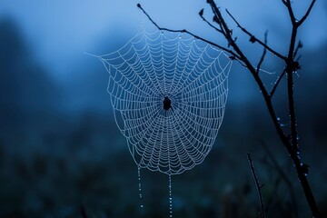 Dew-Covered Spiderweb Hanging From a Branch in the Fog