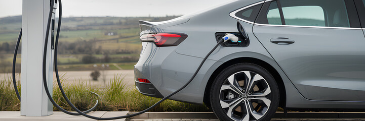 An electric car is being charged at a charging station in the countryside 