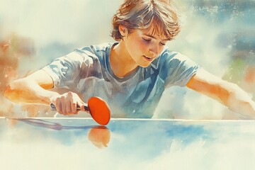 Wall Mural - A young person focused on playing table tennis, showcasing determination and skill in vibrant watercolor style.