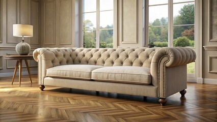 3. Elegant beige sofa with rolled arms and tufted upholstery, placed in a spacious room with hardwood floors, a realistic photo image.