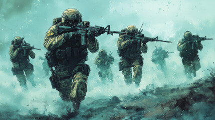 A group of soldiers are running through the snow