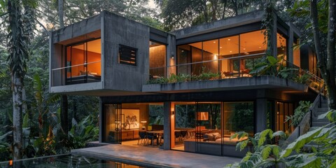 Modern Concrete House with Large Windows in Lush Jungle Setting