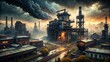 © kittipon - moody atmospheric misty cityscape bleak industrial decay abandoned concrete factory eerie silence haunted memories corroded metal forgotten laborer's tools desolate urban landscape