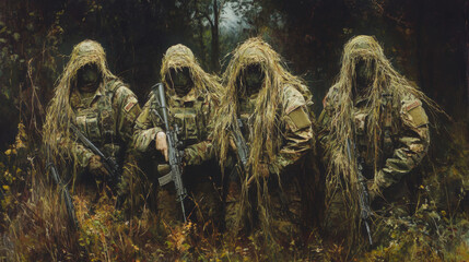 four soldiers in camouflage uniforms are posing for a picture